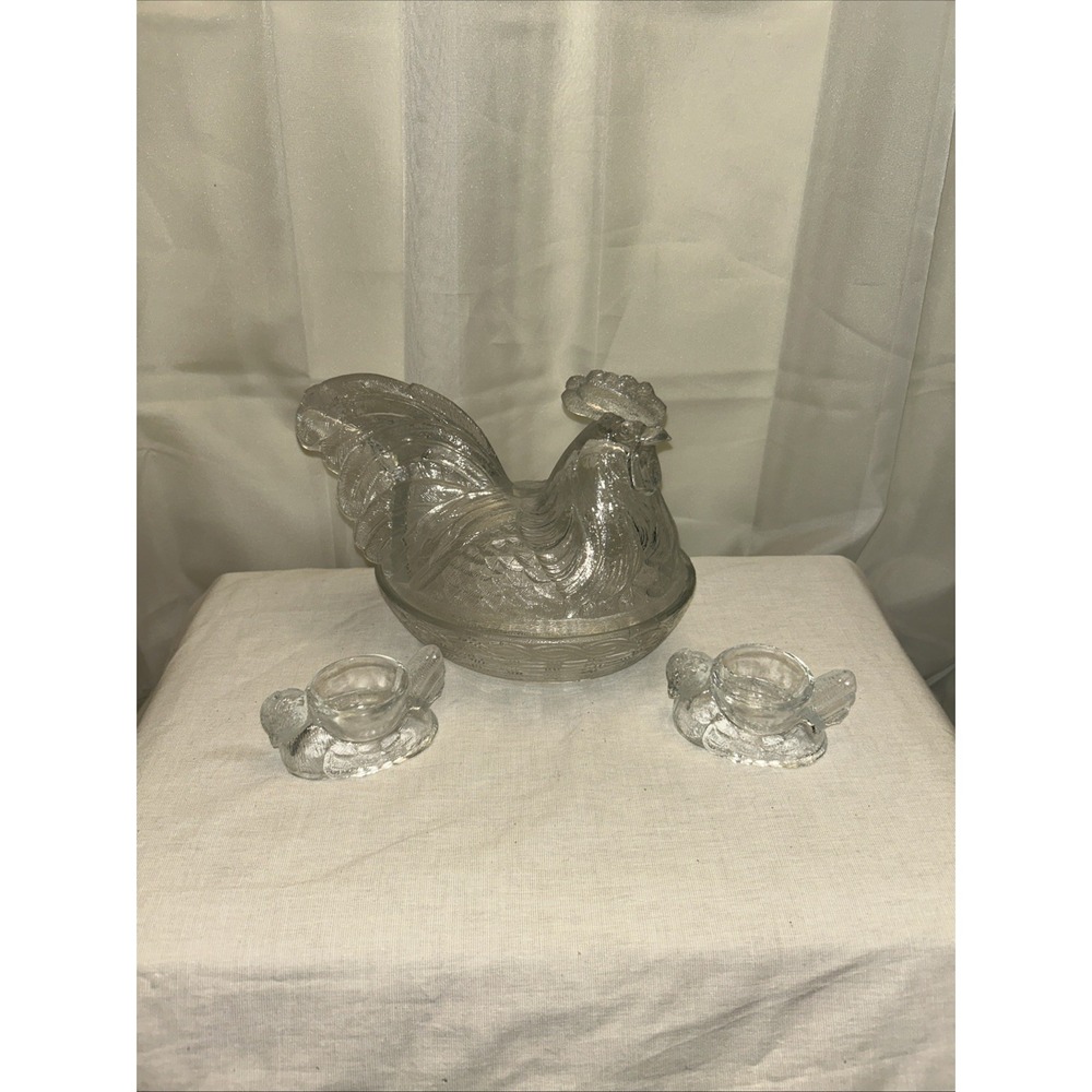 Rare Large Clear Glass Rooster on Nest, With Two Matching Hen Egg Cups